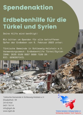 Die Türkische Gemeinde in Schleswig-Holstein e.V. eröffnet Spendenkonto für die Erdbebenopfer in der Türkei und Syrien